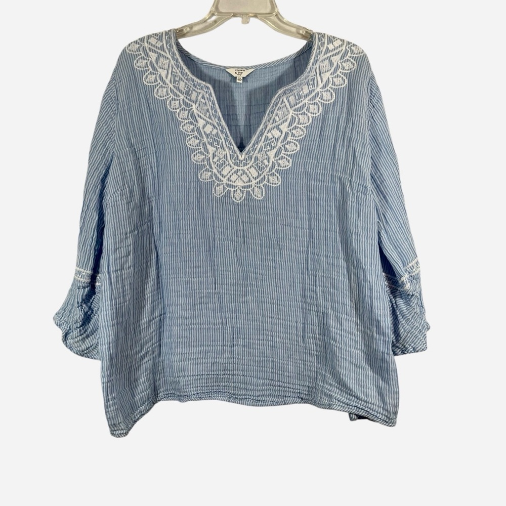 Crown & Ivy Blue Blouse with White Embroidery